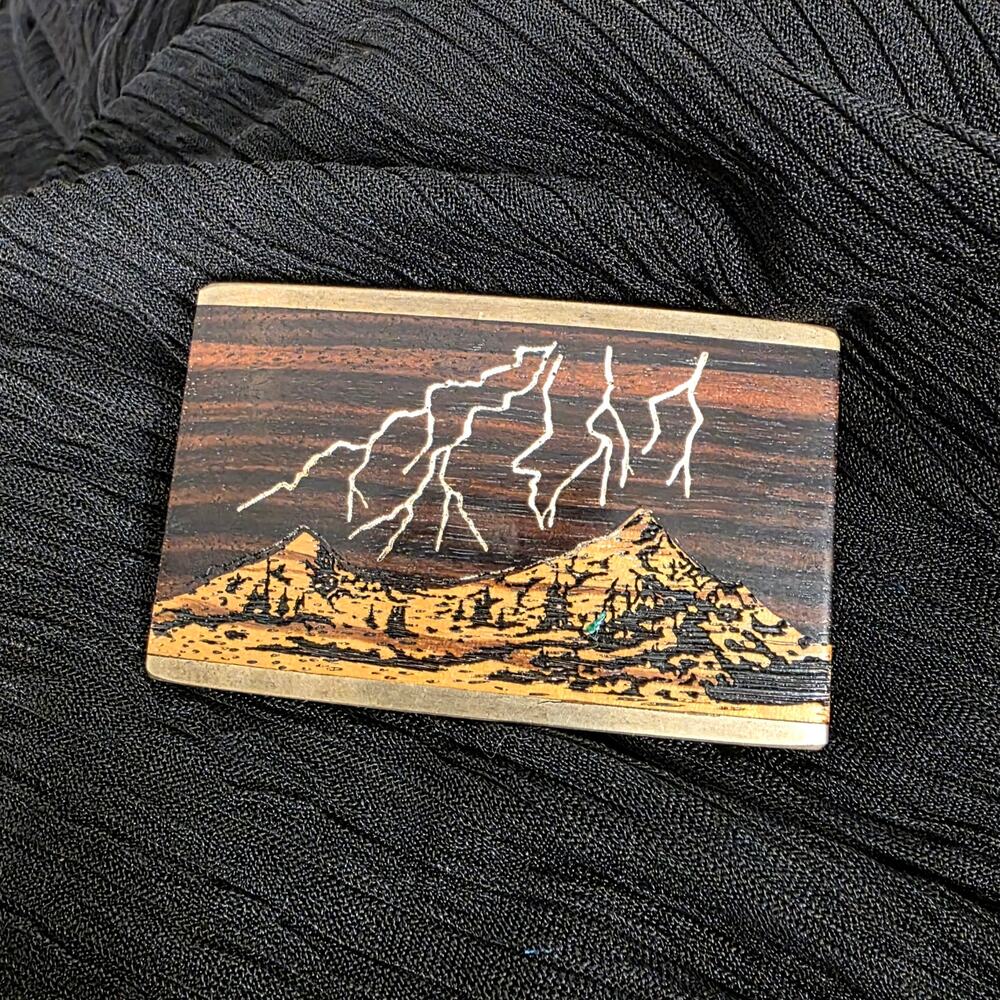 Vintage Sky West Albuquerque Wood Inlay Mountain Lightning Belt Buckle Brass